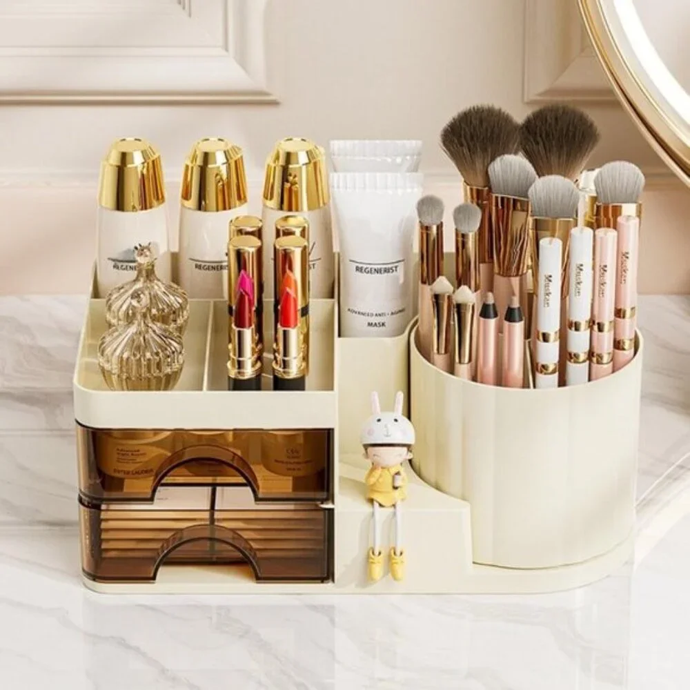 New Cream Makeup Organizer, 2-Drawer Vanity Storage with Rotating Brush Holder